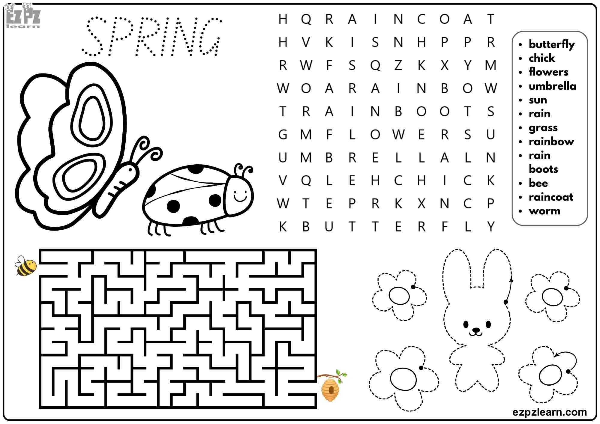 Spring Season Vocabulary For Kids Includes Word Search Tracing And Maze Activities Free PDF Download Ezpzlearn