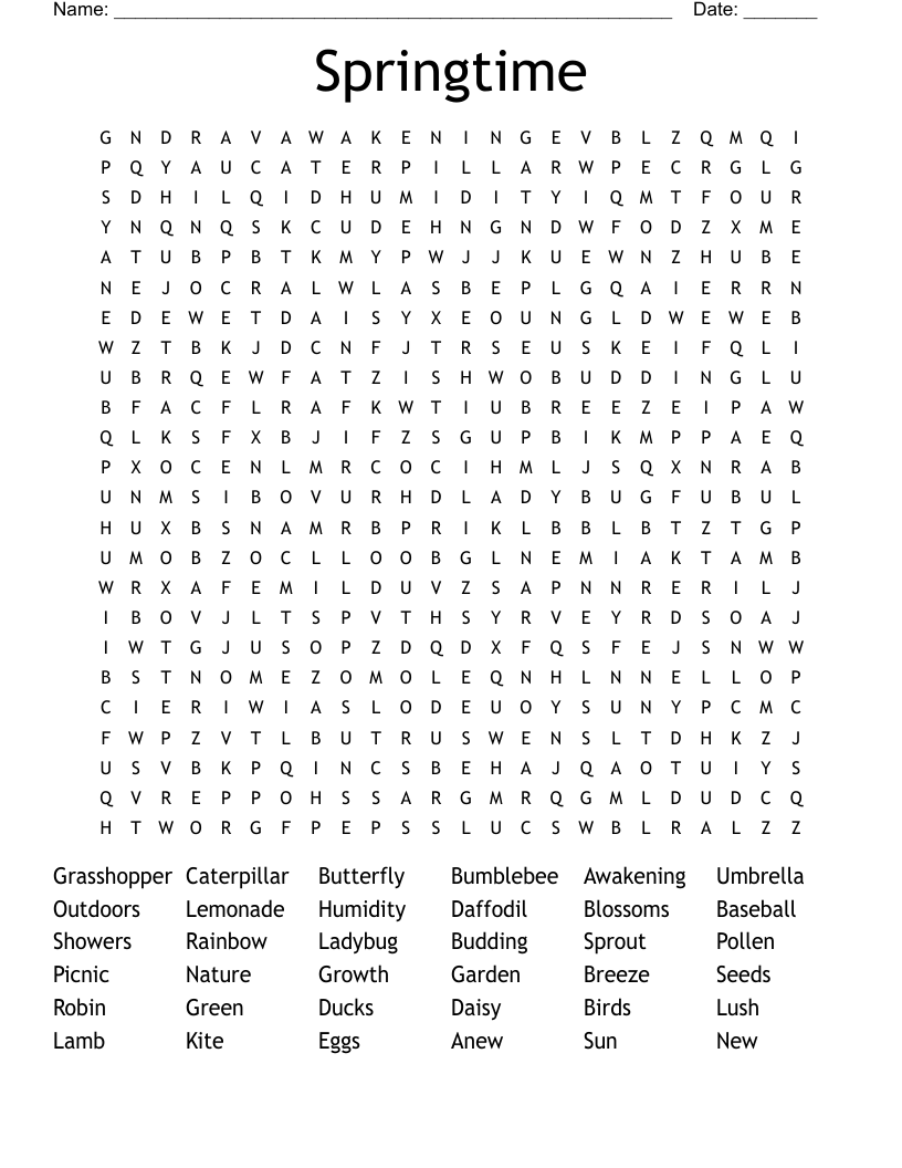 Spring Time Word Search Free Printable