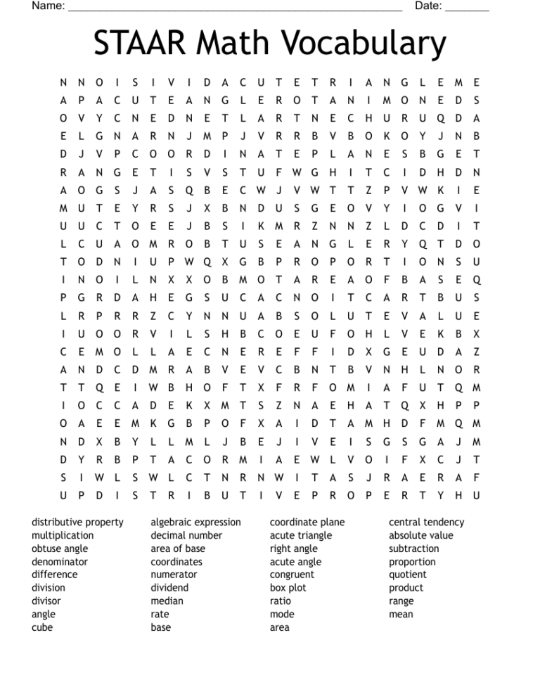 STAAR Math Vocabulary Word Search WordMint