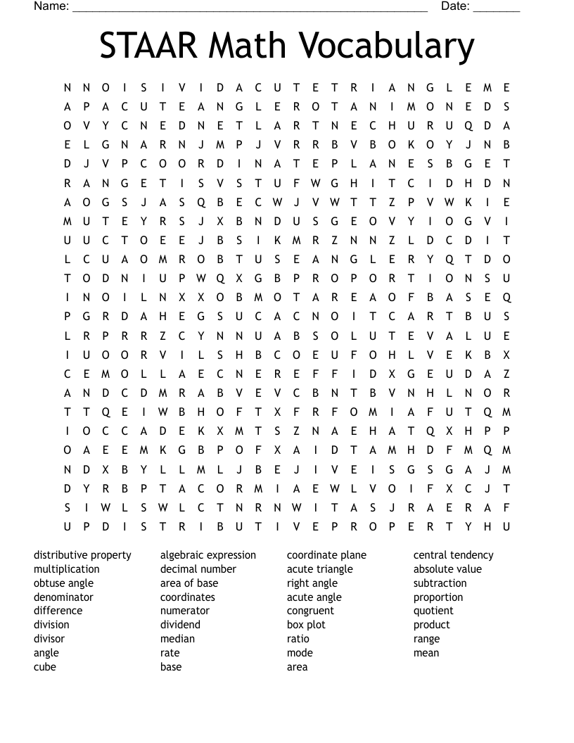 STAAR Math Vocabulary Word Search WordMint