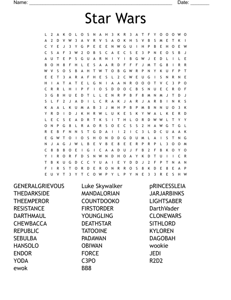 Star Wars Word Search WordMint