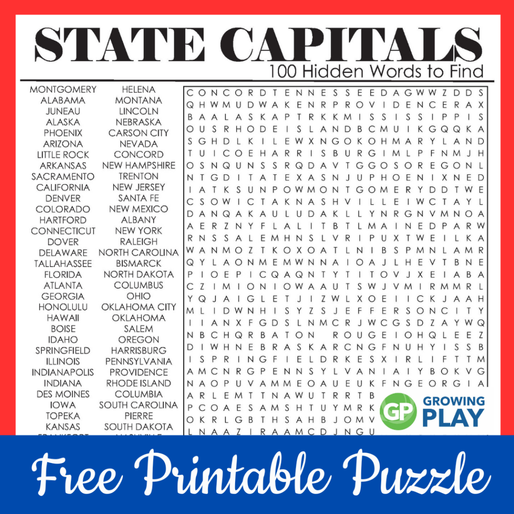 State Capitals Word Search FREE Printable Growing Play