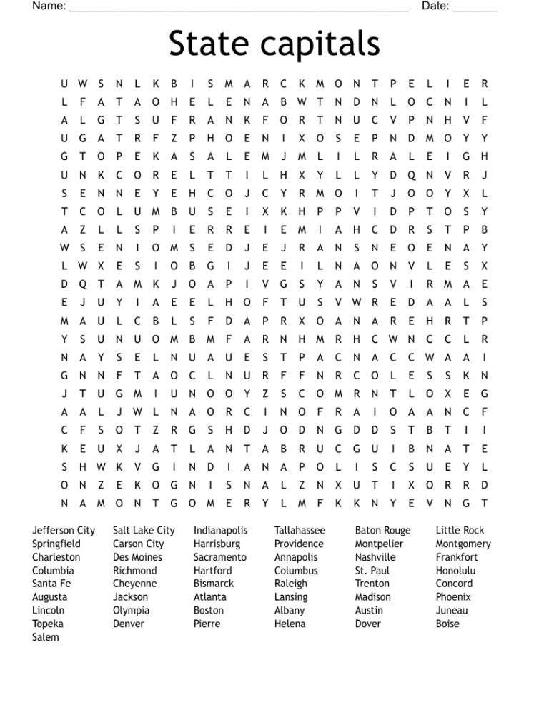State Capitals Word Search WordMint