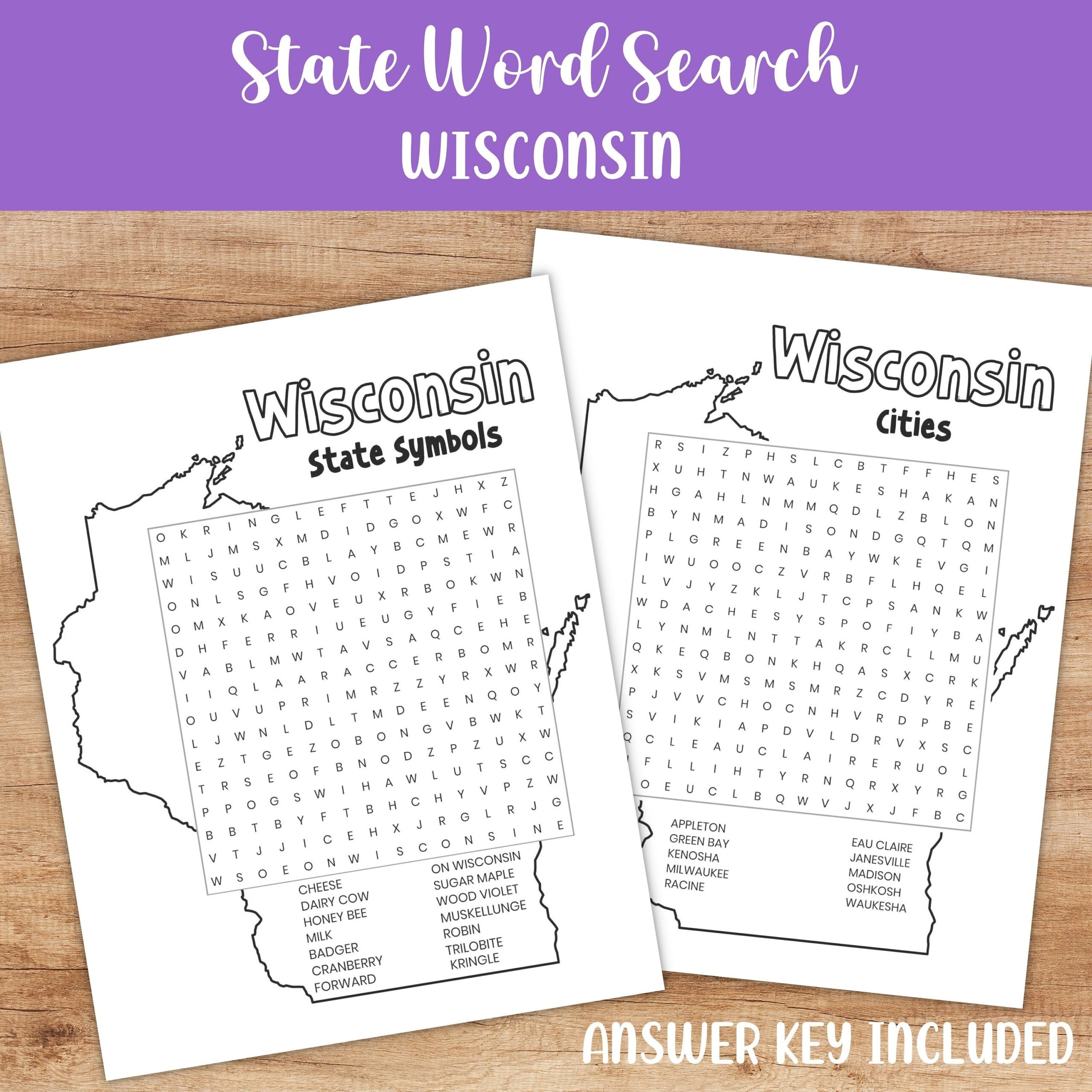 State Word Search Printable Wisconsin Educational Travel Activities Puzzle Etsy