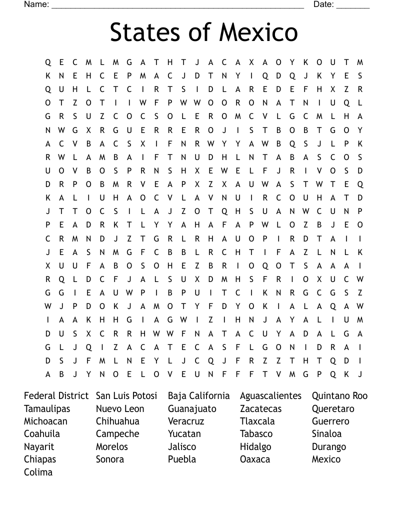 States Of Mexico Word Search WordMint