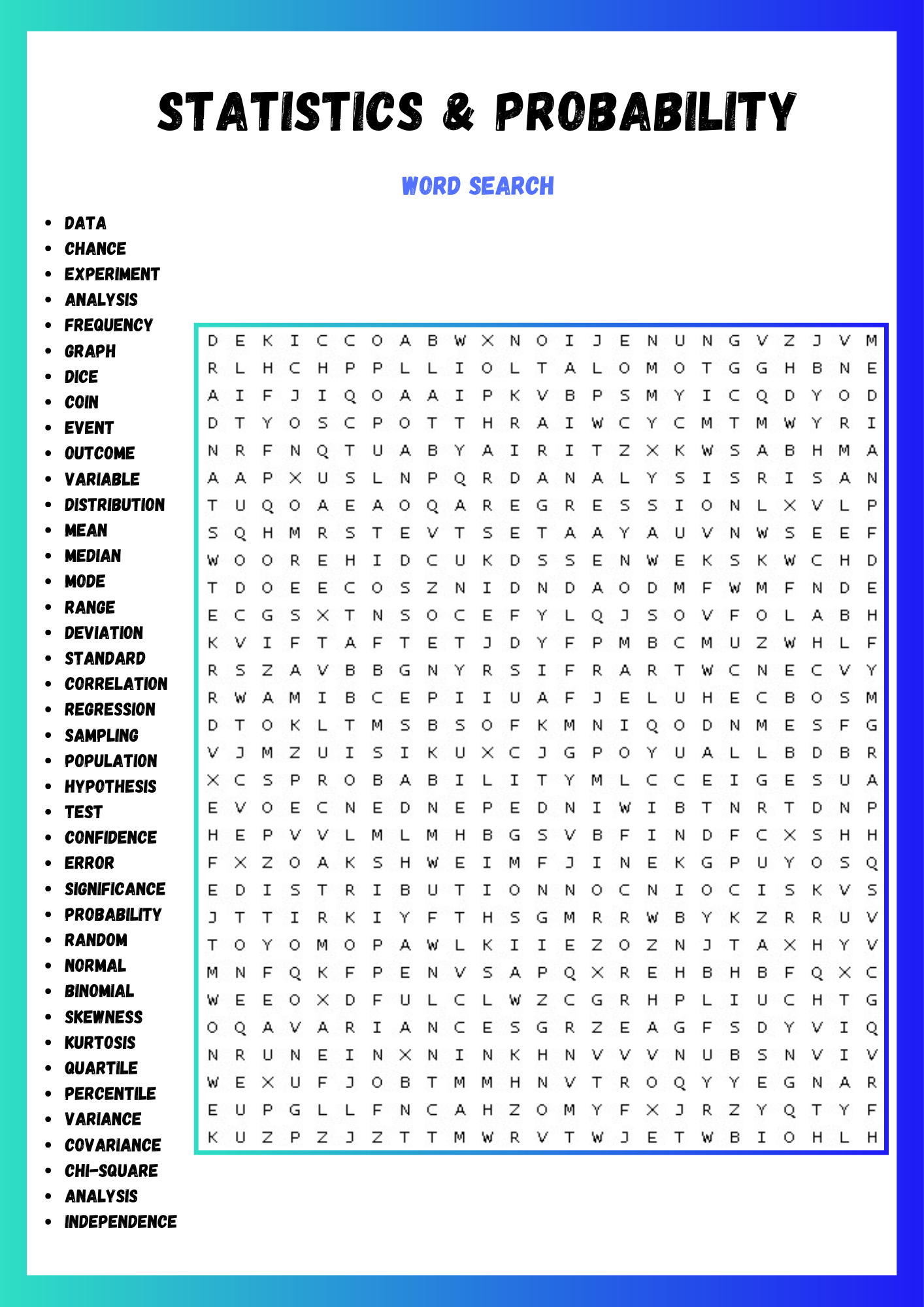 Statistics Word Search Printable Free