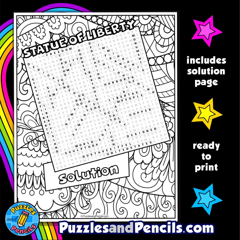 Statue Of Liberty Word Search Puzzle With Coloring US Tourist Attractions Wordsearch
