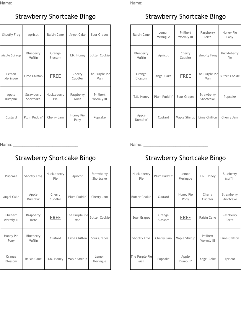Strawberry Shortcake Bingo WordMint