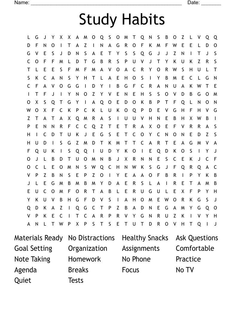 Study Habits Word Search WordMint