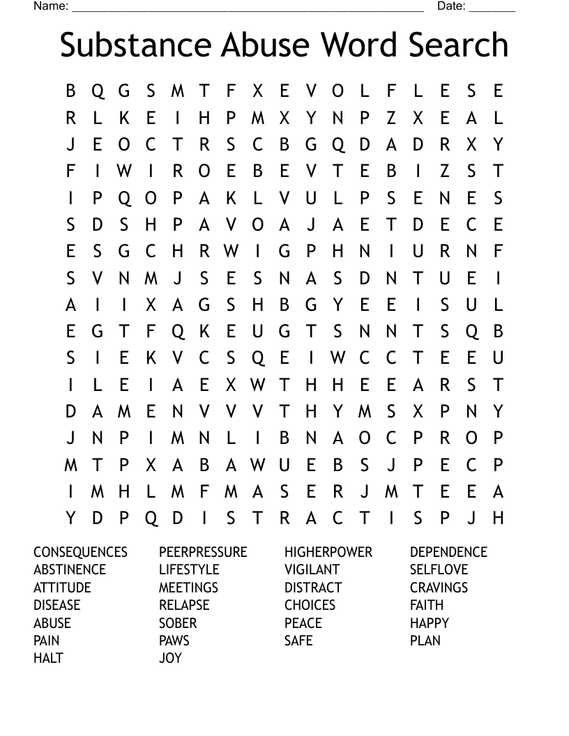 Substance Abuse Word Search WordMint