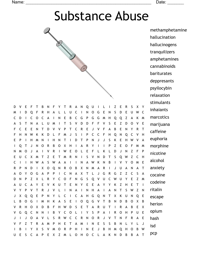 Substance Abuse Word Search WordMint