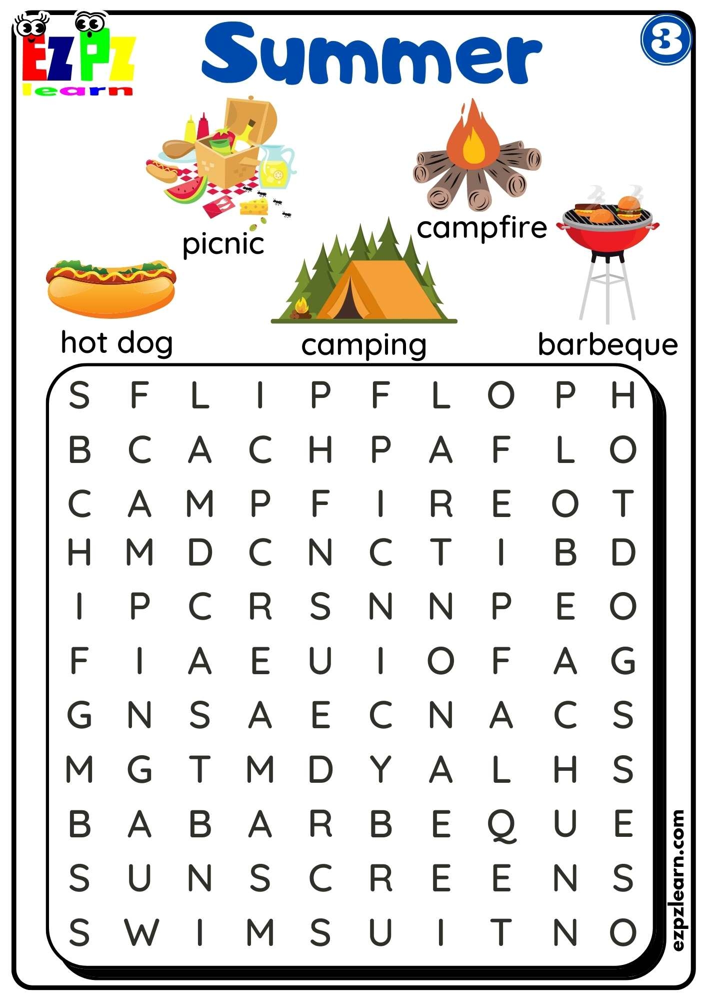 Summer And Beach Word Search Activity For Kids Set 3 Ezpzlearn