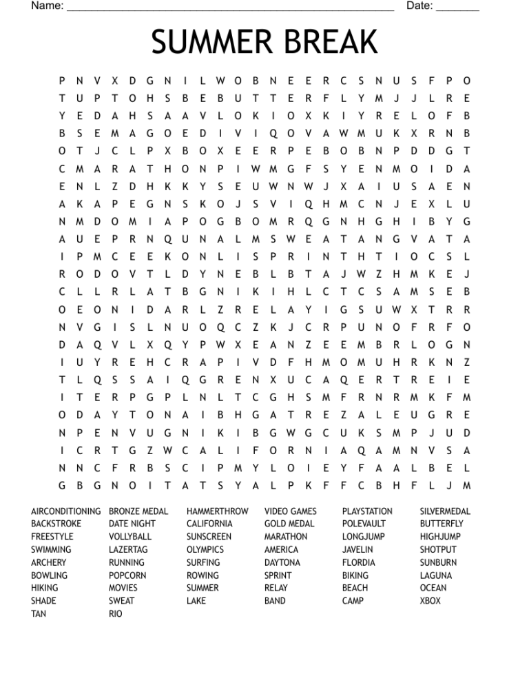SUMMER BREAK Word Search WordMint