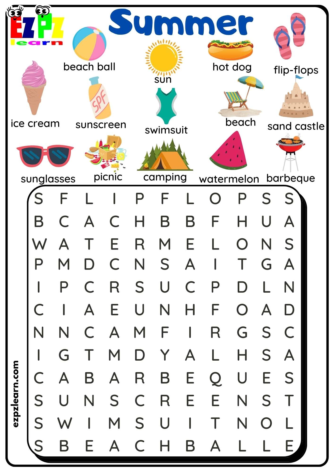 Summer Word Search Free PDF Download Ezpzlearn