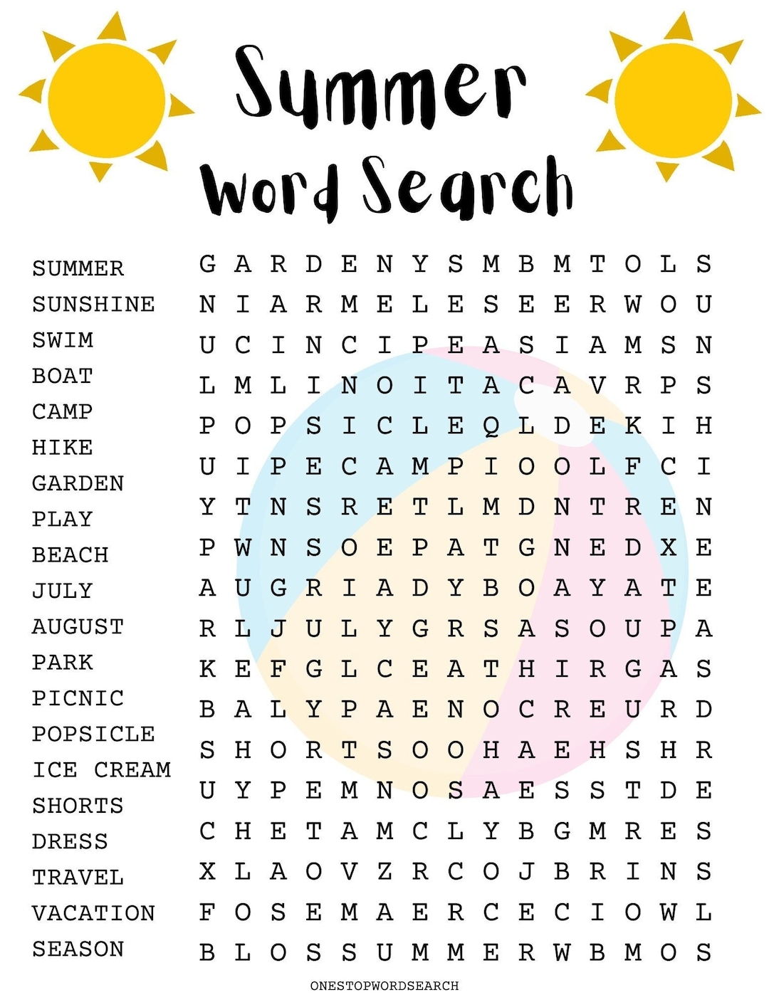Summer Word Search Printable Elementary