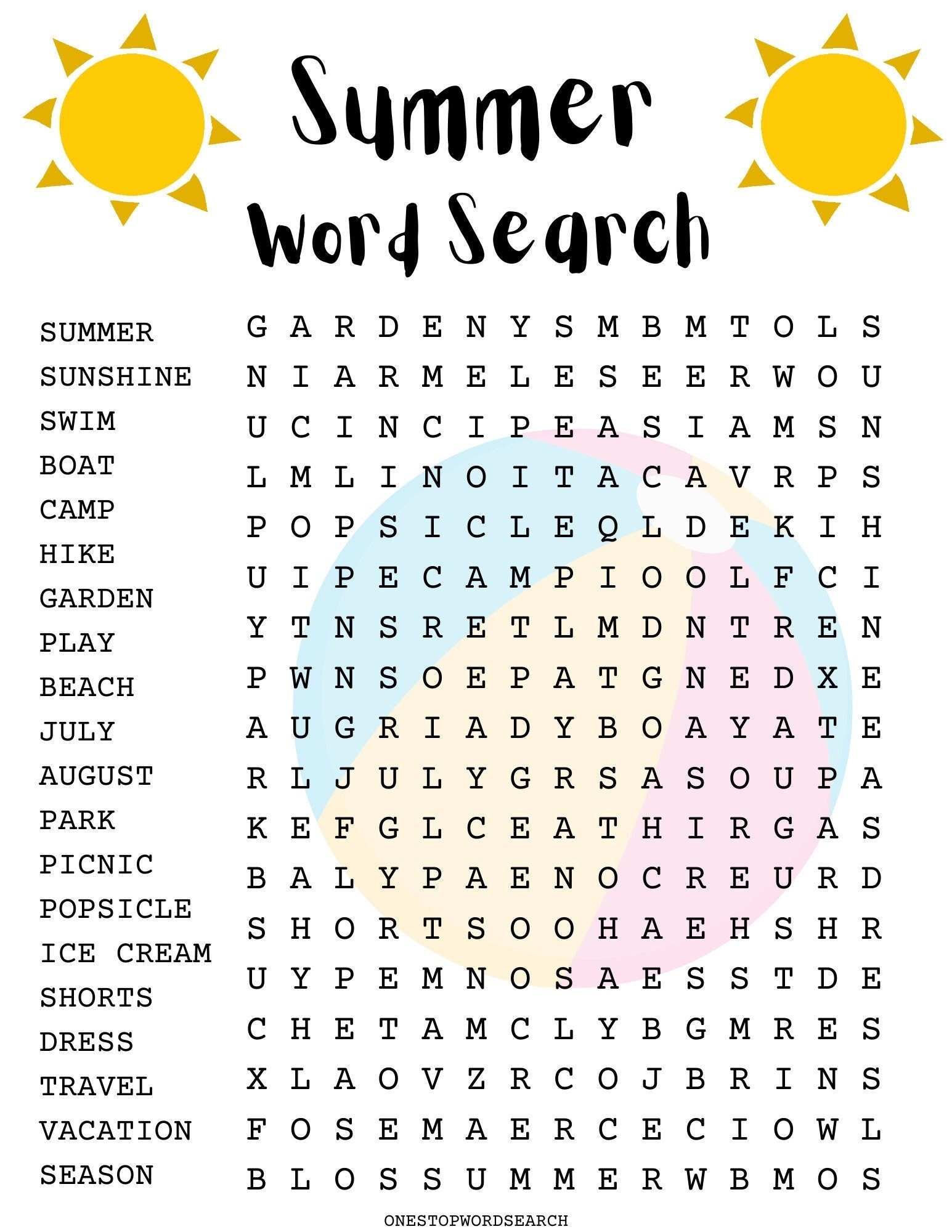 Summer Middle School Word Search Printable