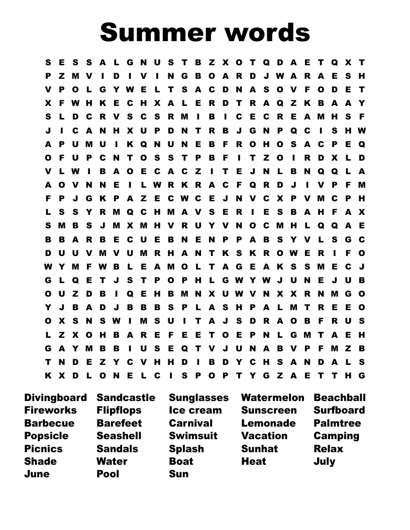 Summer Words Word Search WordMint