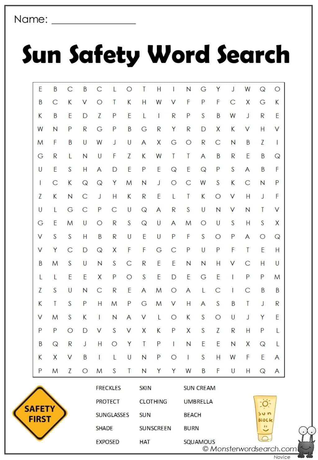 Sun Safety Word Search Monster Word Search