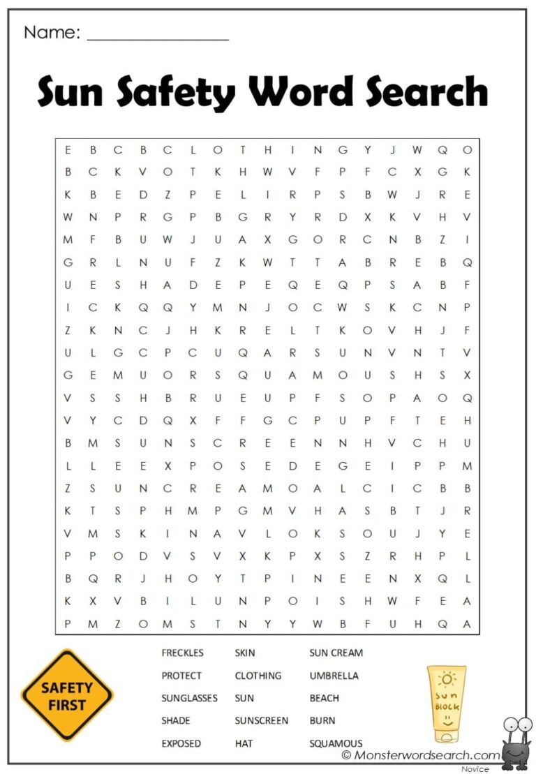 Sun Safety Word Search Monster Word Search