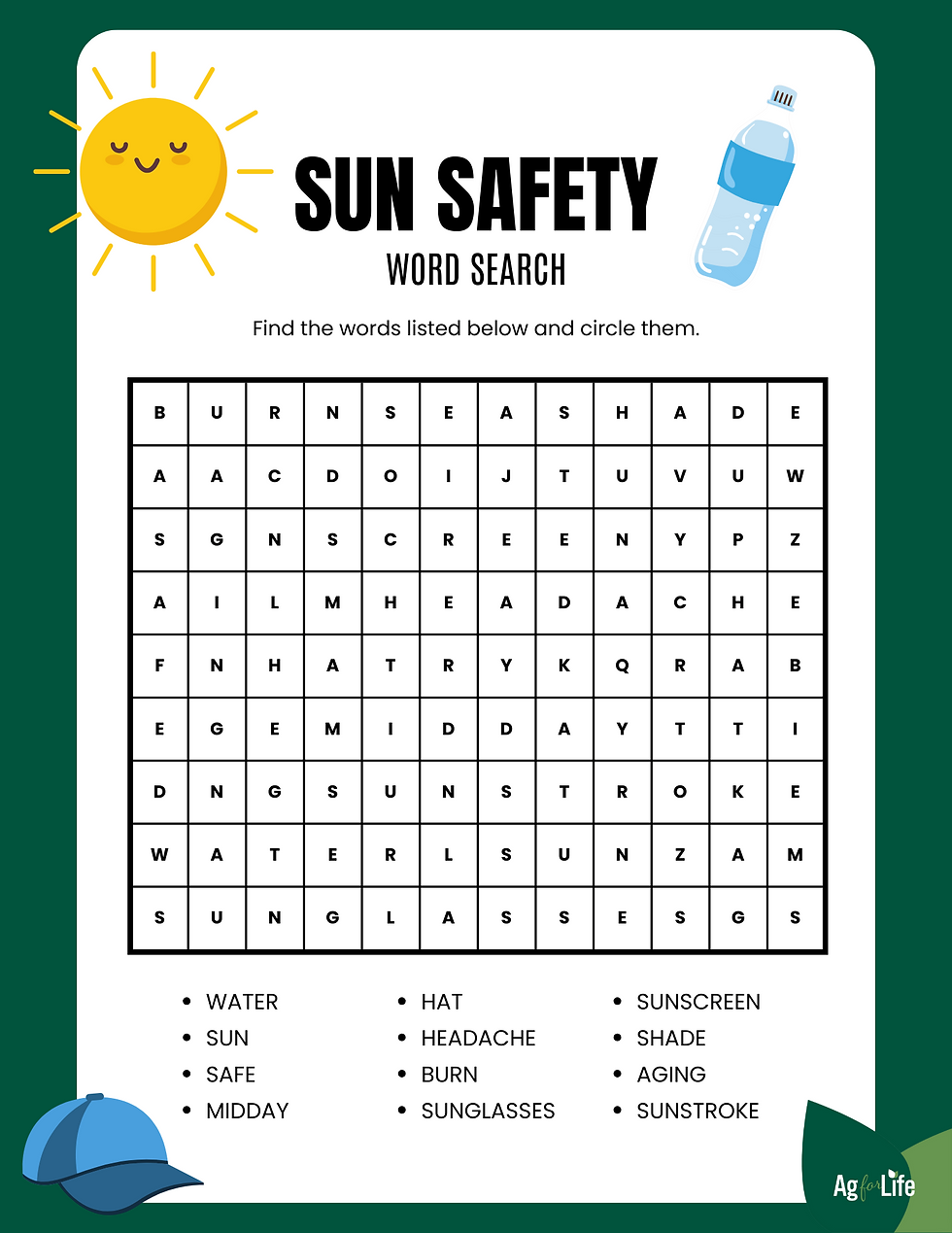Sun Safety Word Search Printables