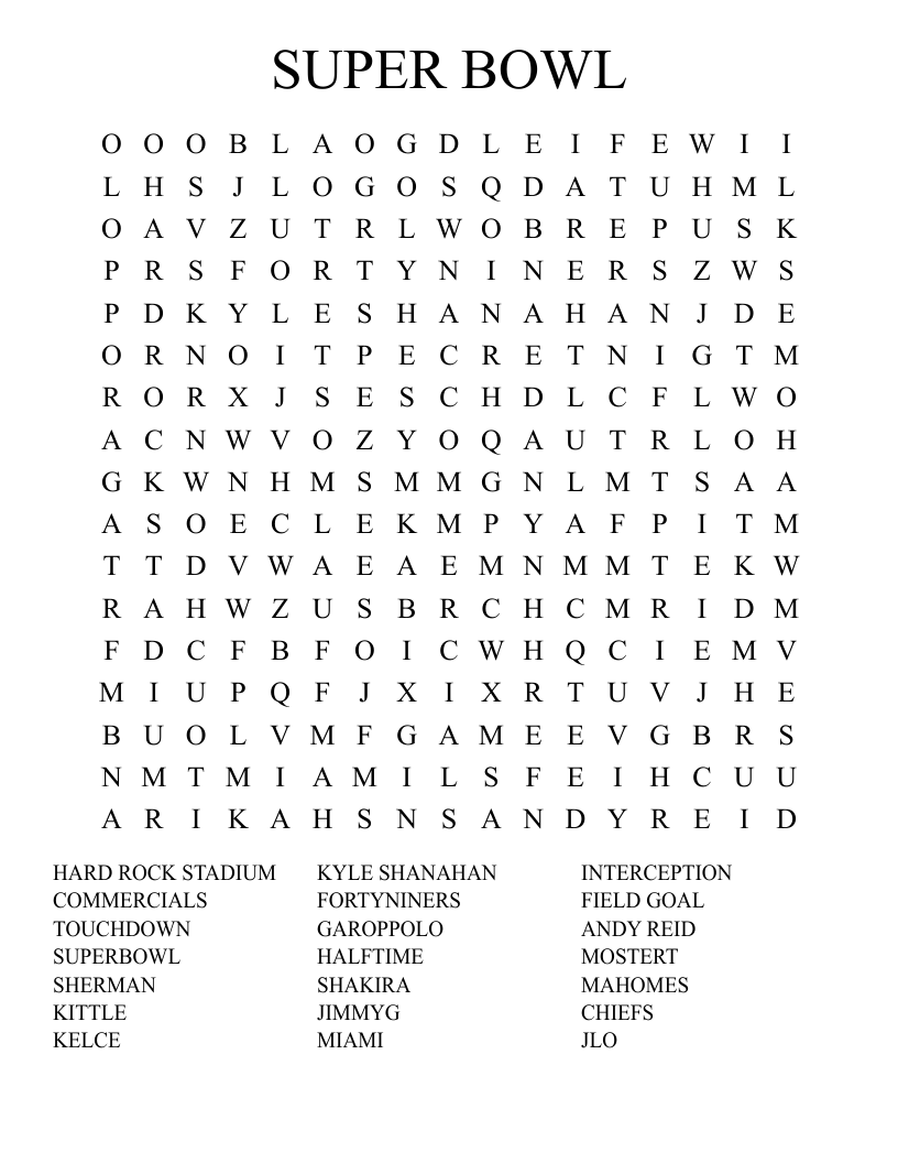 SUPER BOWL Word Search WordMint