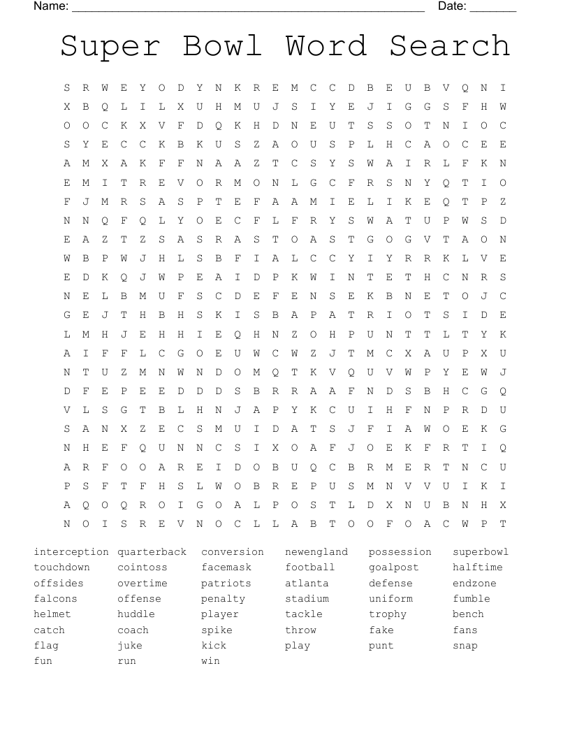 Super Bowl Word Search WordMint