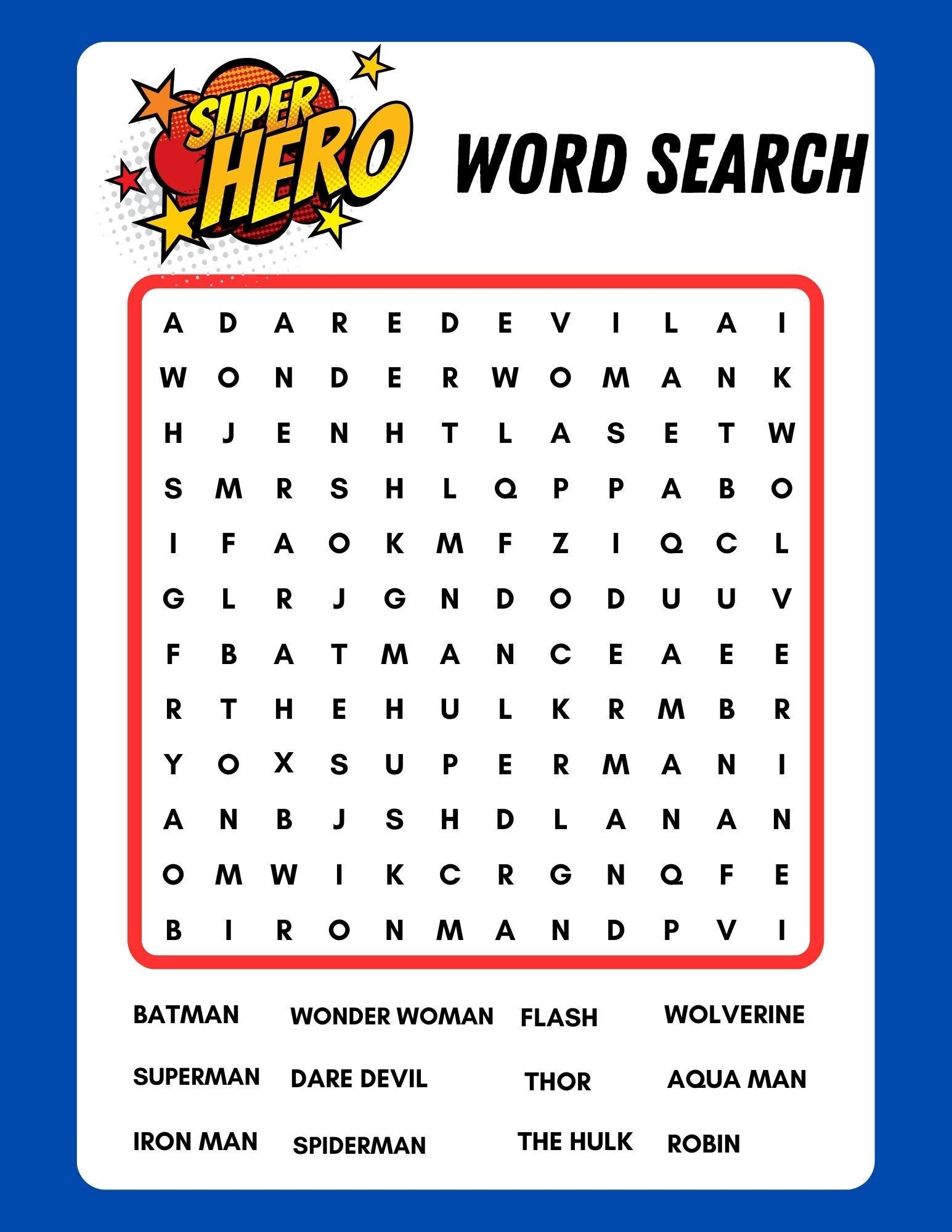 Super Hero Word Search Printable Instant Download PDF Etsy India