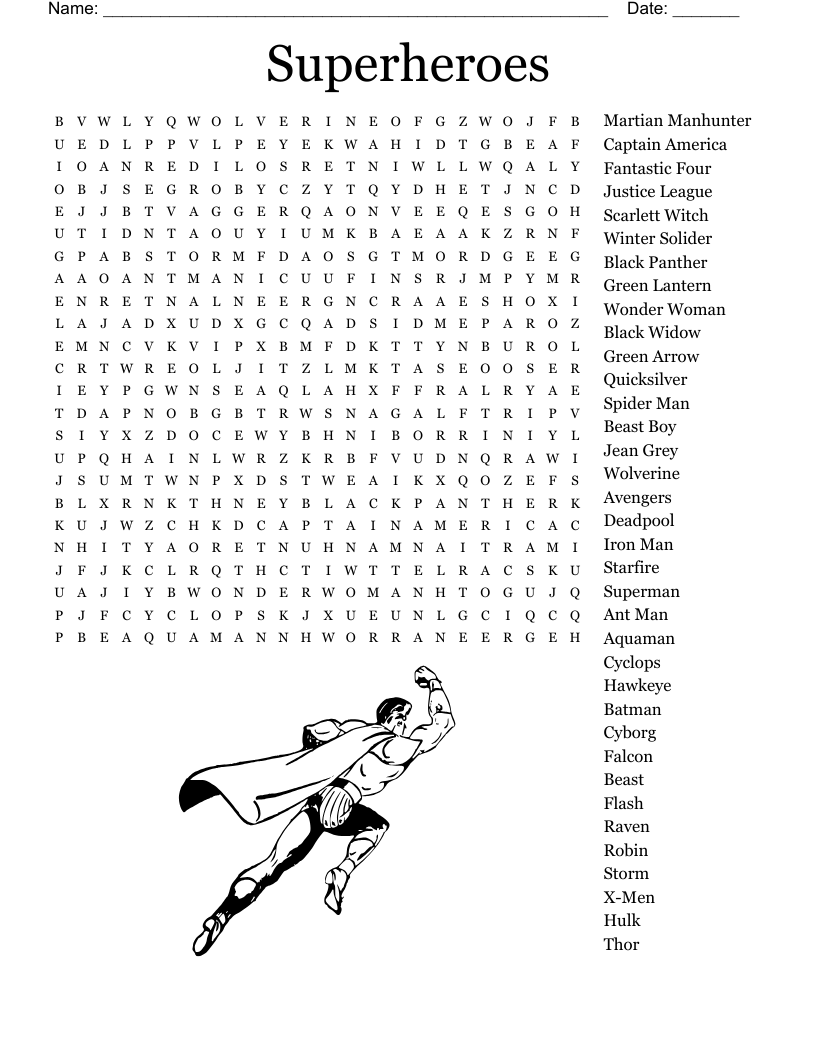Word Search Superheroes Printable