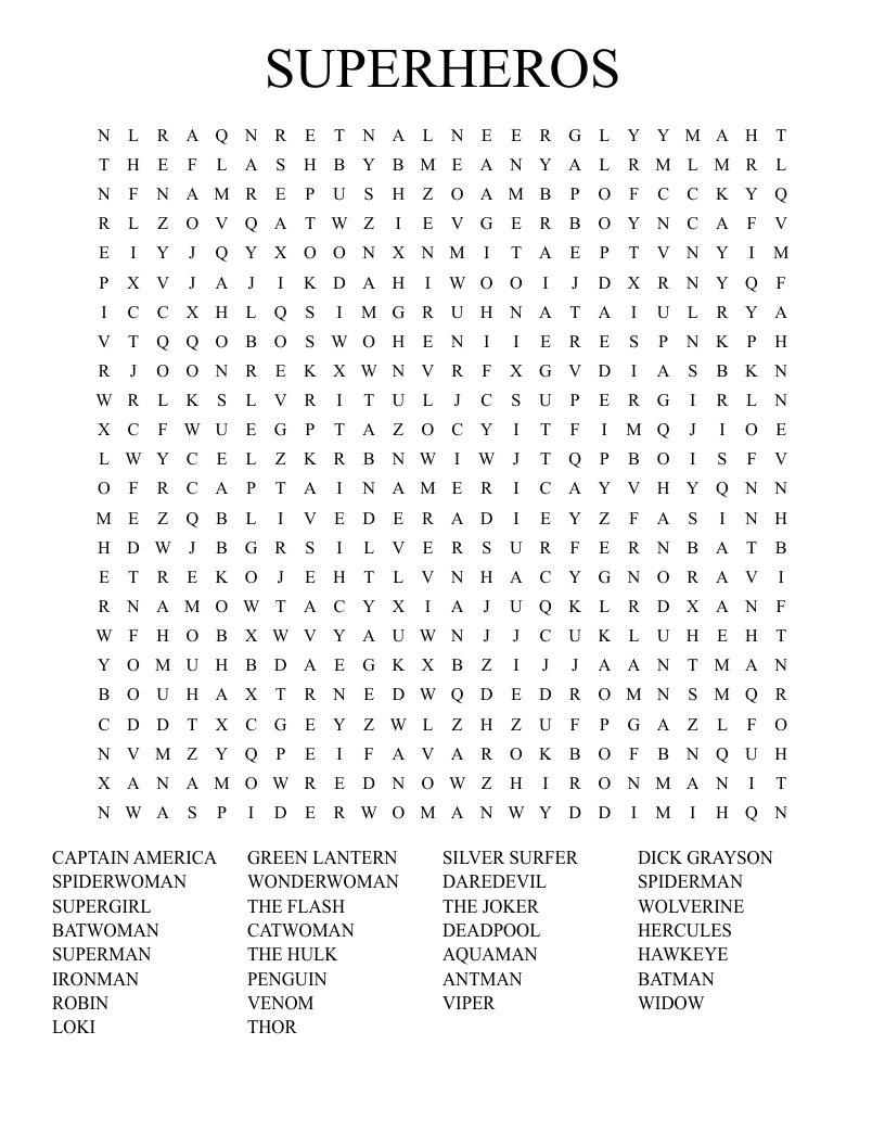 SUPERHEROS Word Search WordMint