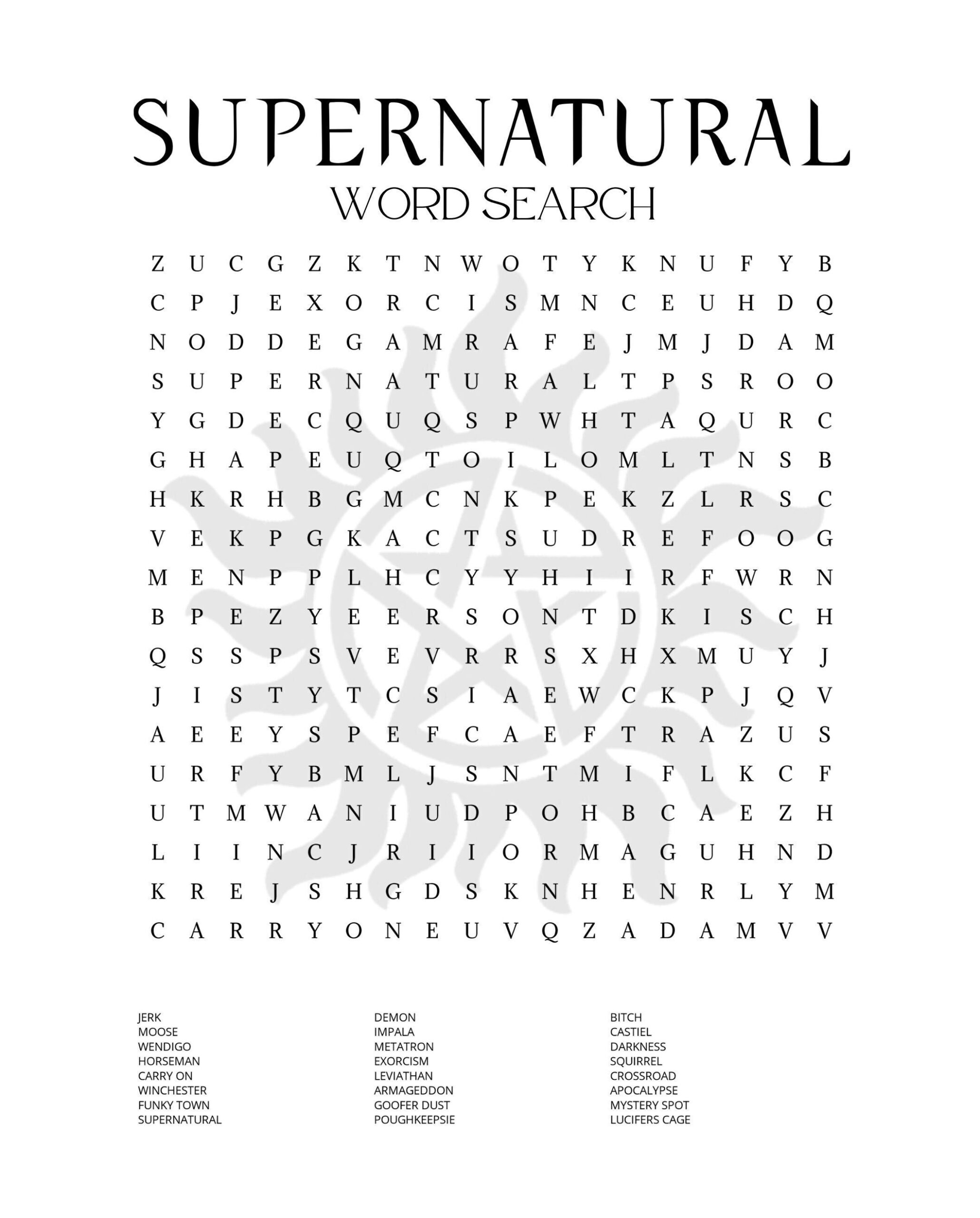 Supernatural Word Search For Adults Printable Pdf Etsy