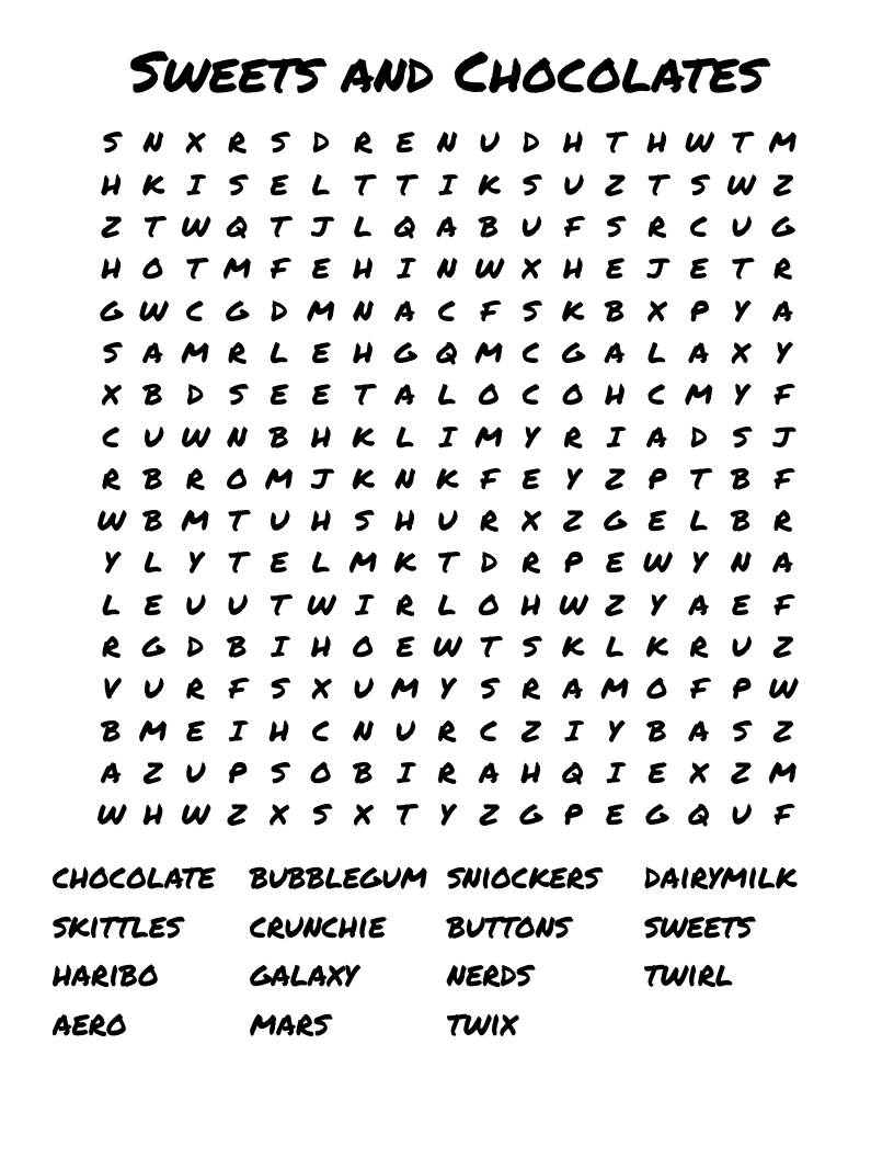 Sweets And Chocolates Word Search WordMint