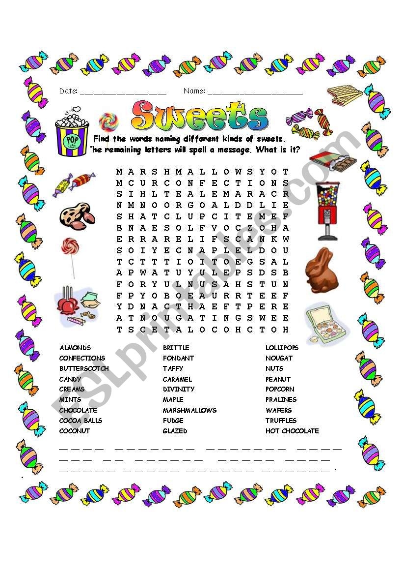 Sweets Word Search ESL Worksheet By Mchretien