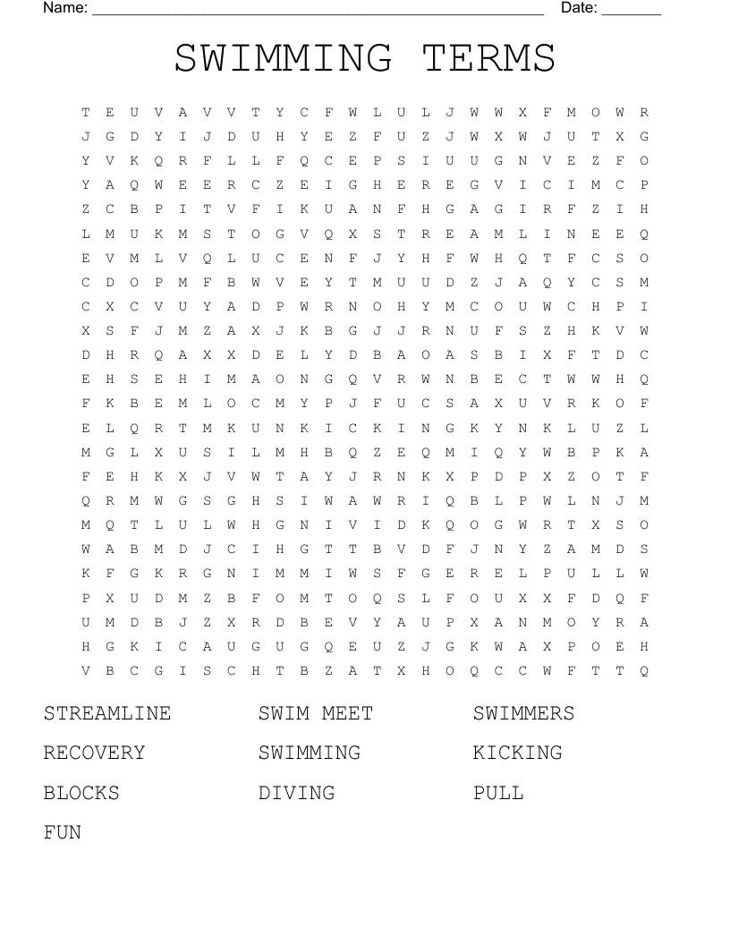 SWIMMING TERMS Word Search WordMint