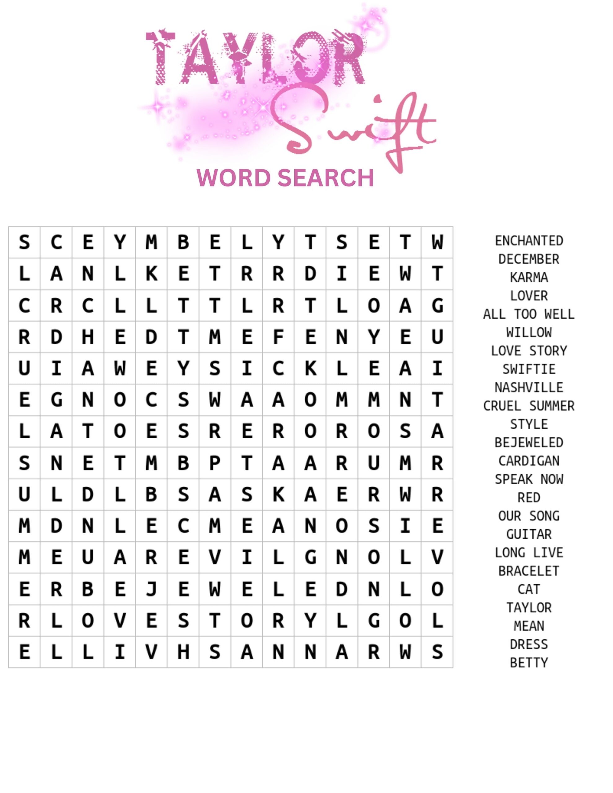 Taylor Swift Word Search Printable