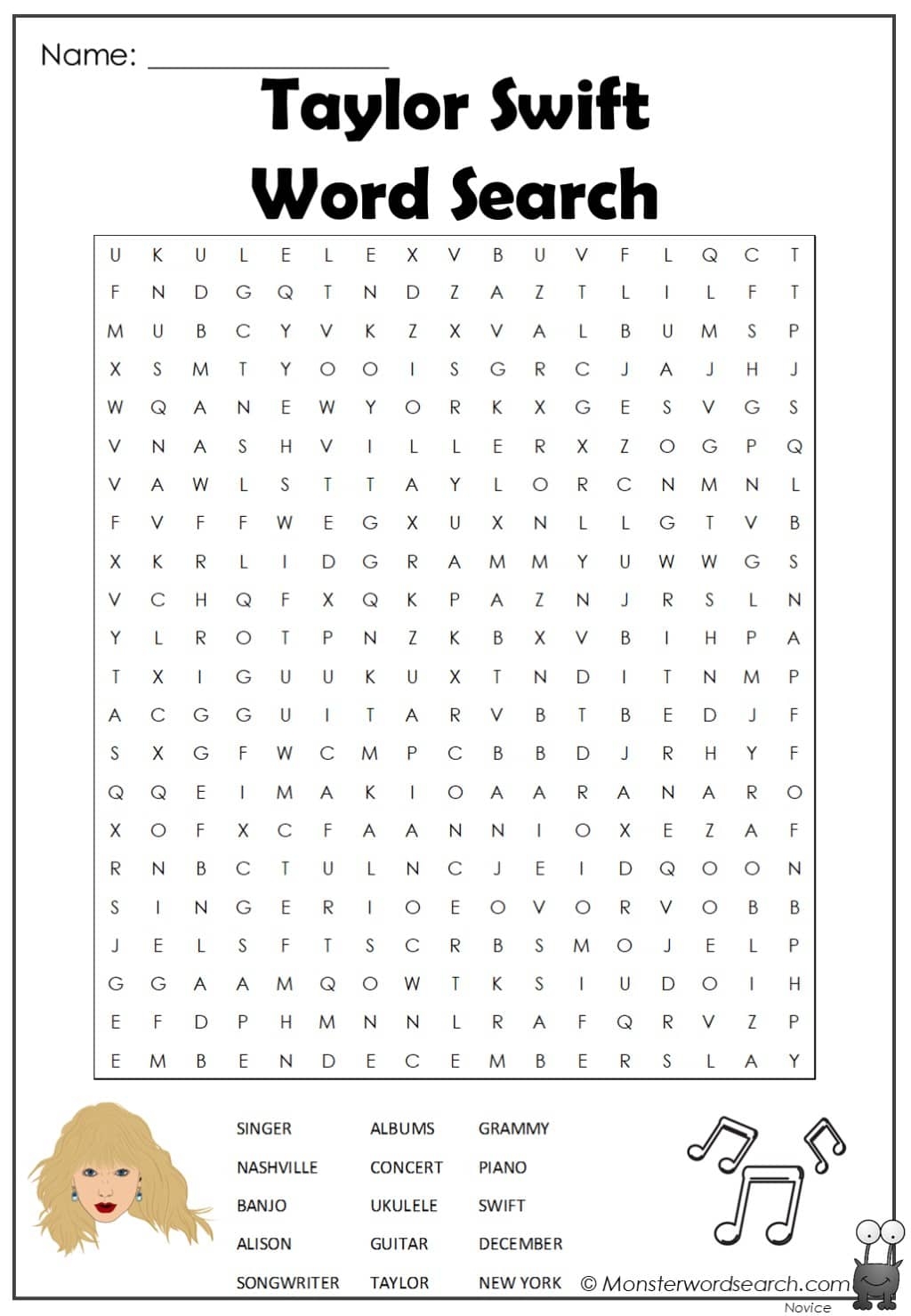 Taylor Swift Word Search Monster Word Search