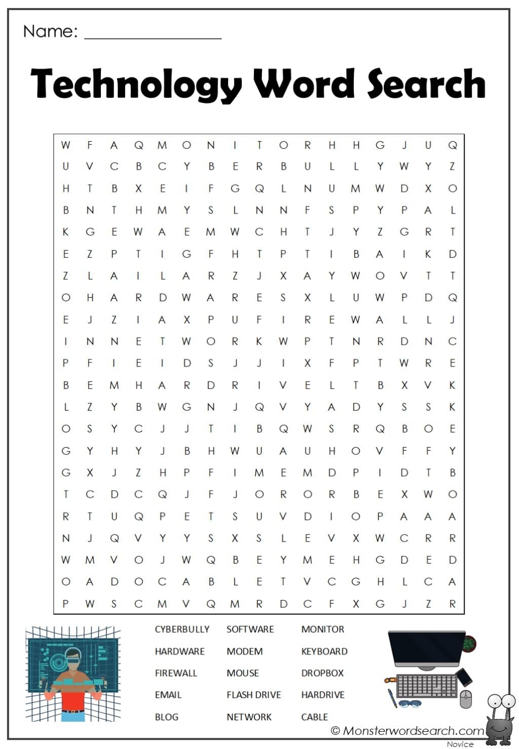 Technology Word Search Monster Word Search Worksheets Library