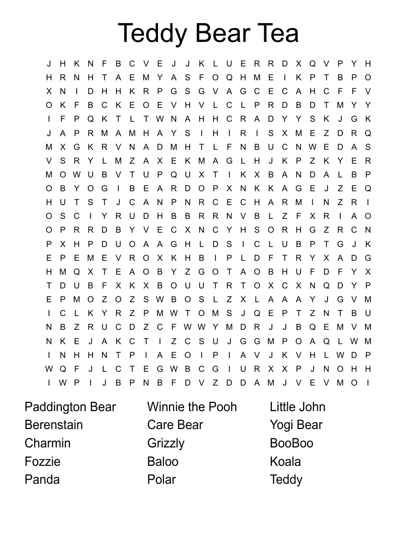 Teddy Bear Tea Word Search WordMint Teddy Bear Tea Word Search WordMint