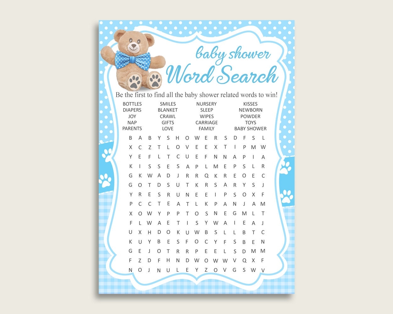 Teddy Bear Word Search Game Blue Brown Baby Shower Word Search Teddy Bear Word Search Game Blue Brown Baby Shower Word Search