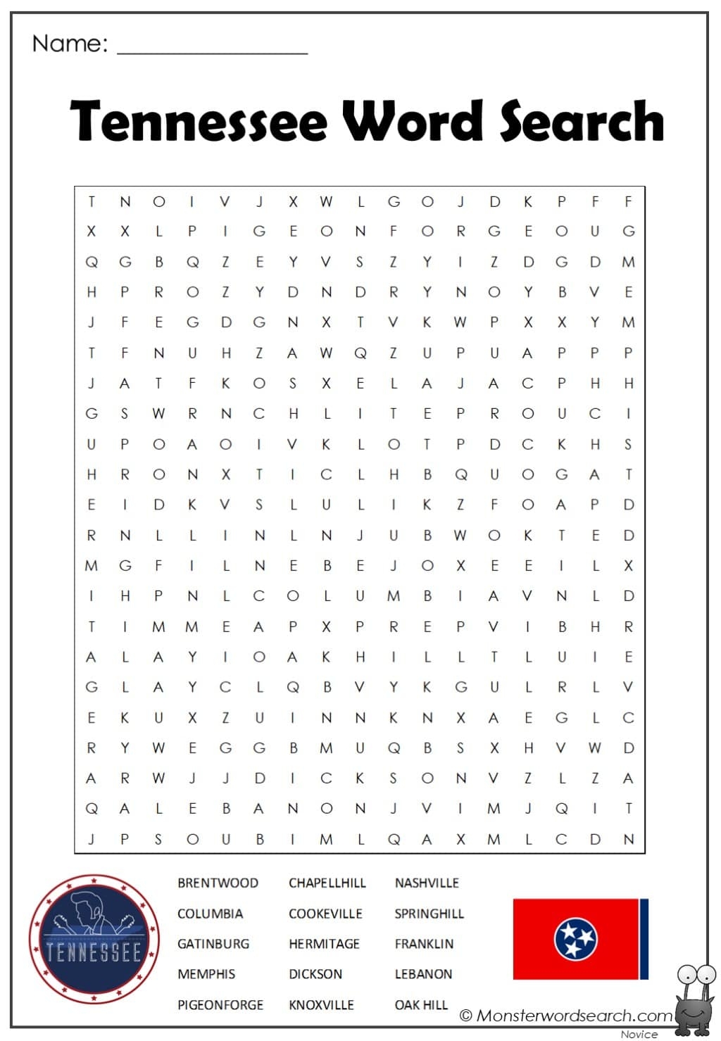 Tennessee Word Search Monster Word Search