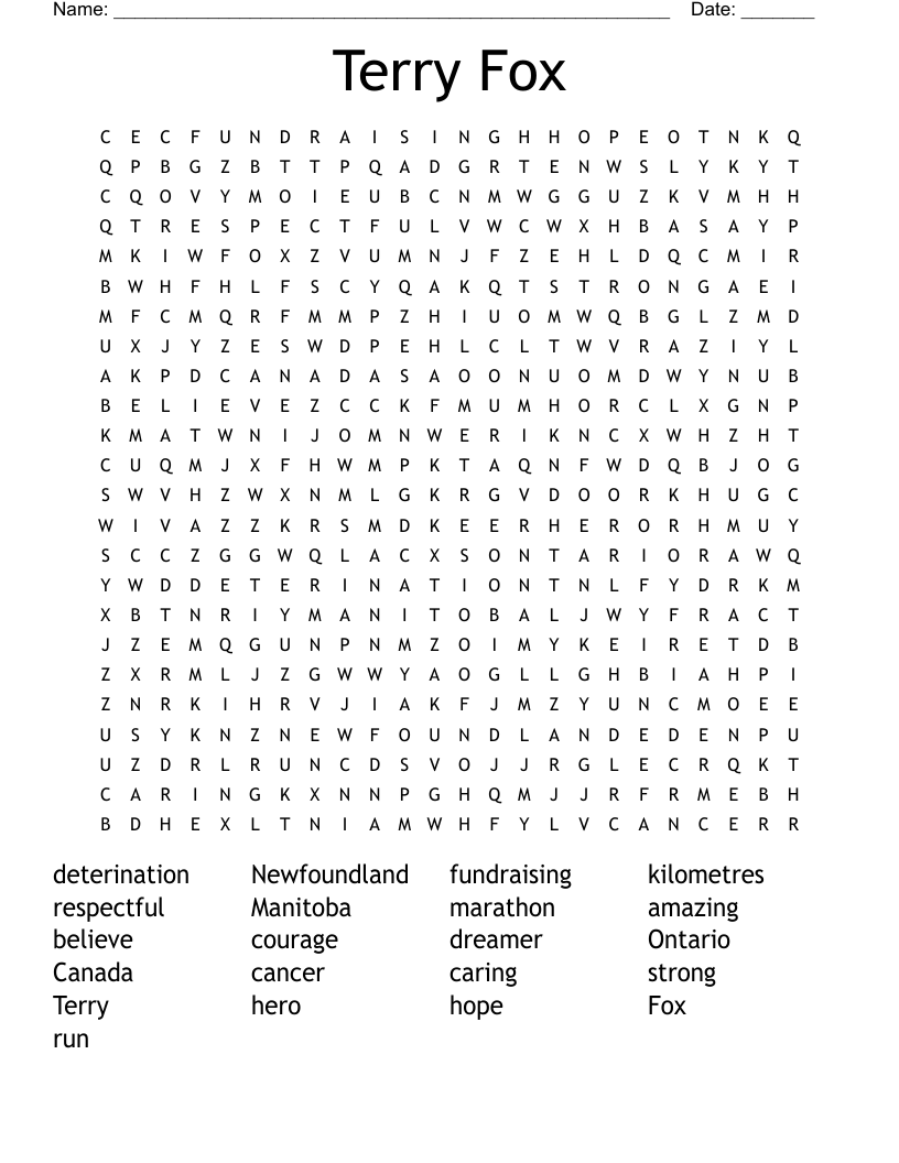 Terry Fox Word Search WordMint