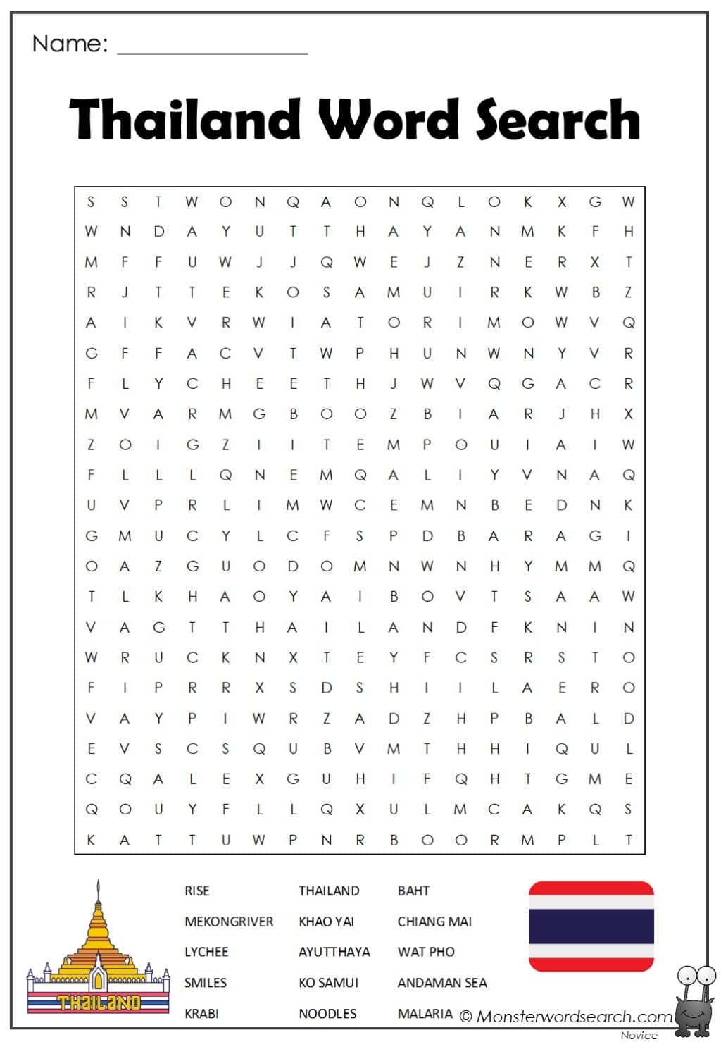 Thailand Word Search Monster Word Search