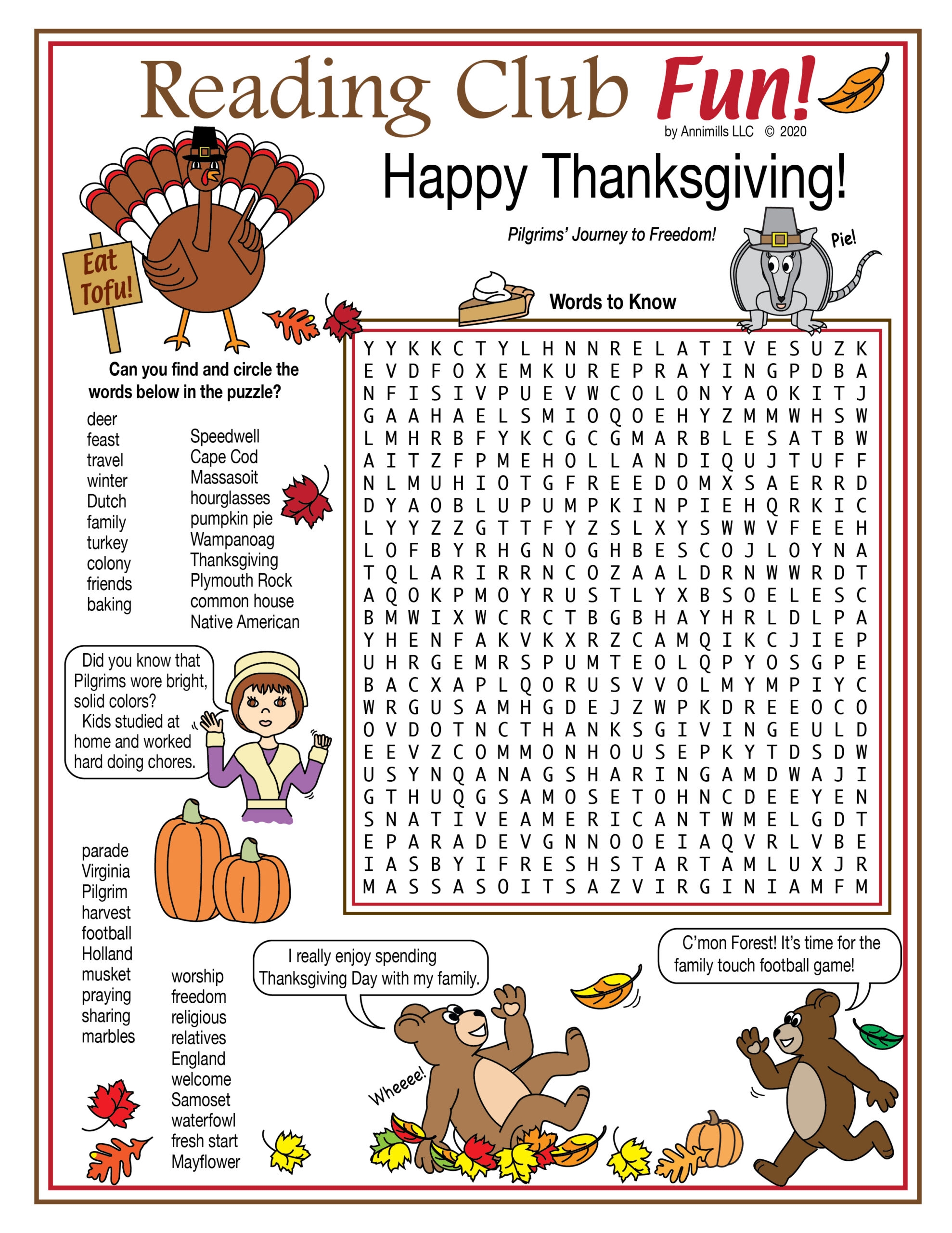 Pilgrim Word Search Printable