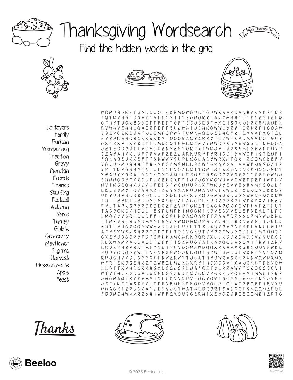 Printable Thanksfgiving Word Search