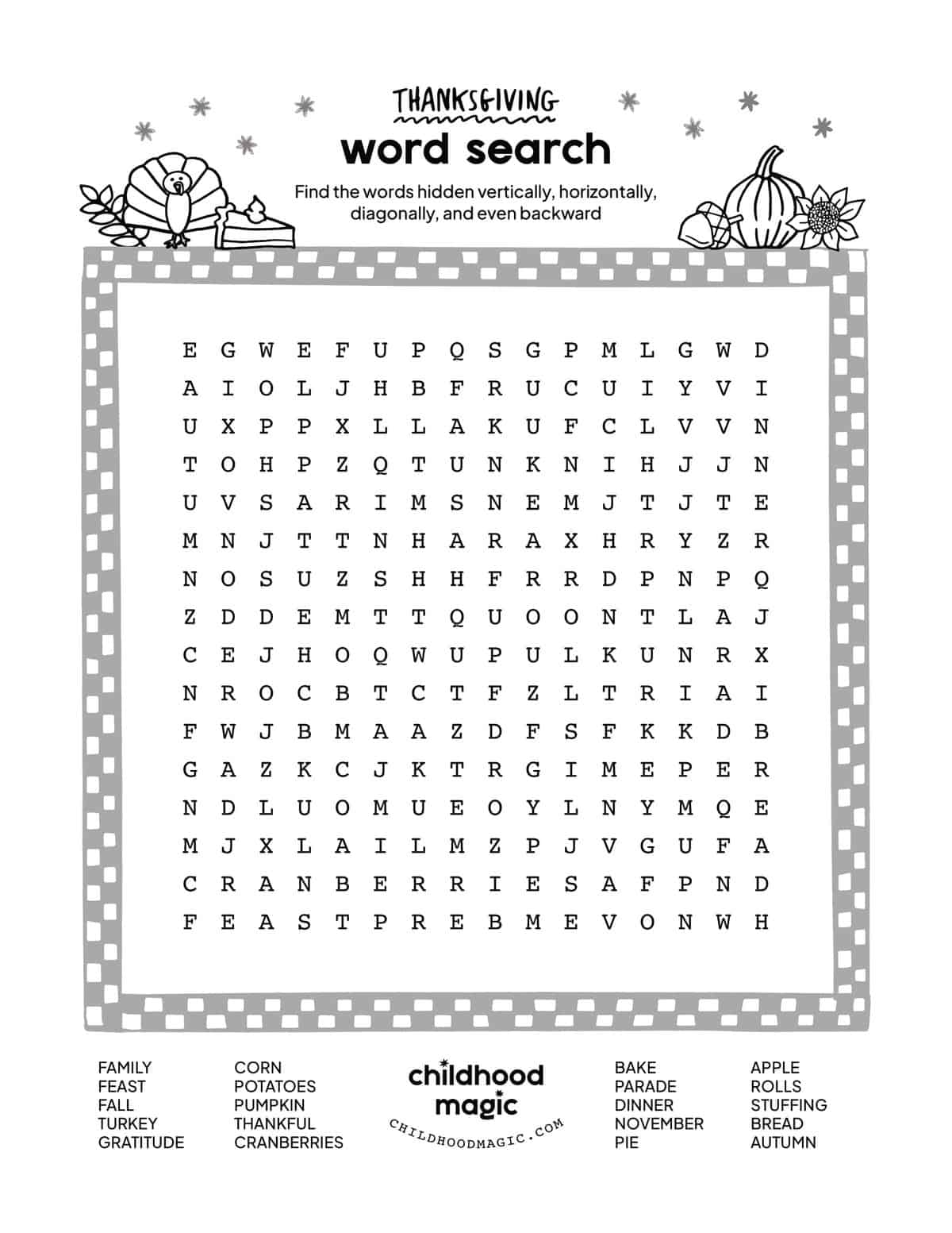 Word Search For Thanksgiving Printable