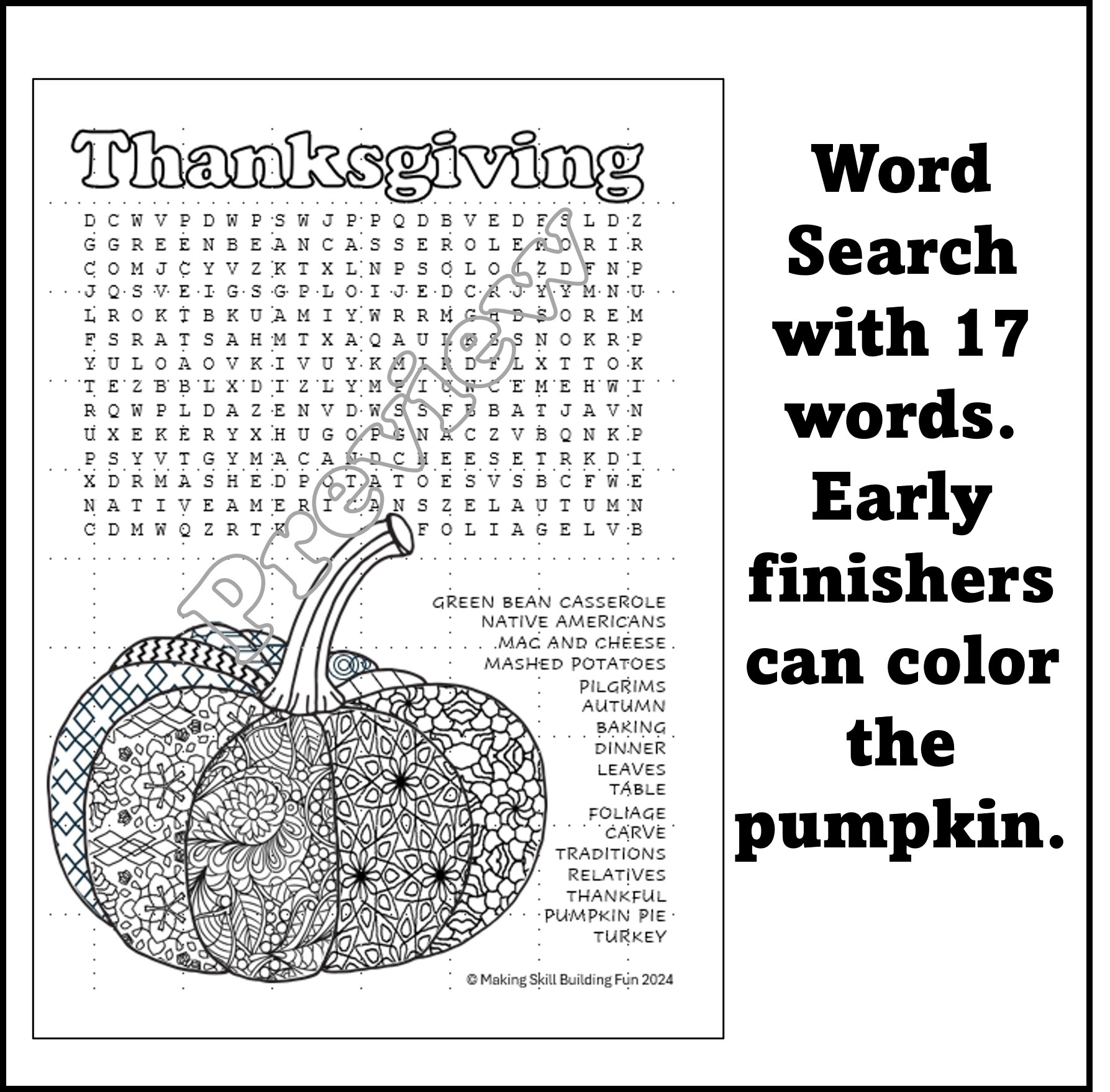 Thanksgiving Word Search Coloring Page Worksheet Puzzle Vocabulary No Prep 2nd Grade 3rd Grade 4th Grade 5th Grade Classful