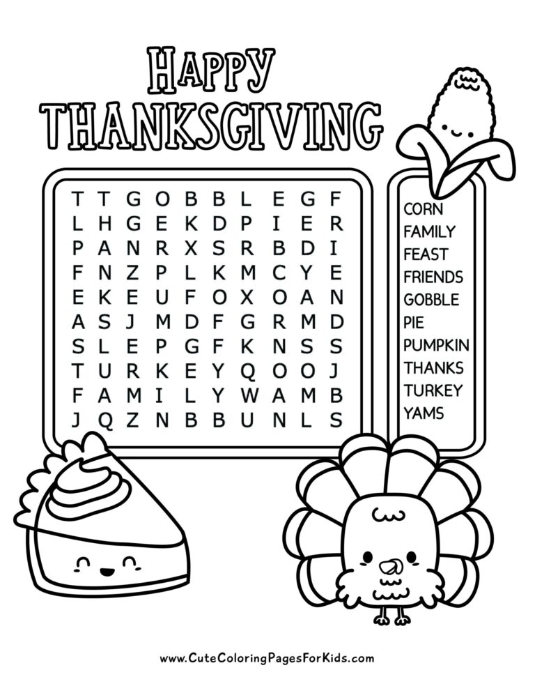Thanksgiving Word Search Cute Coloring Pages For Kids