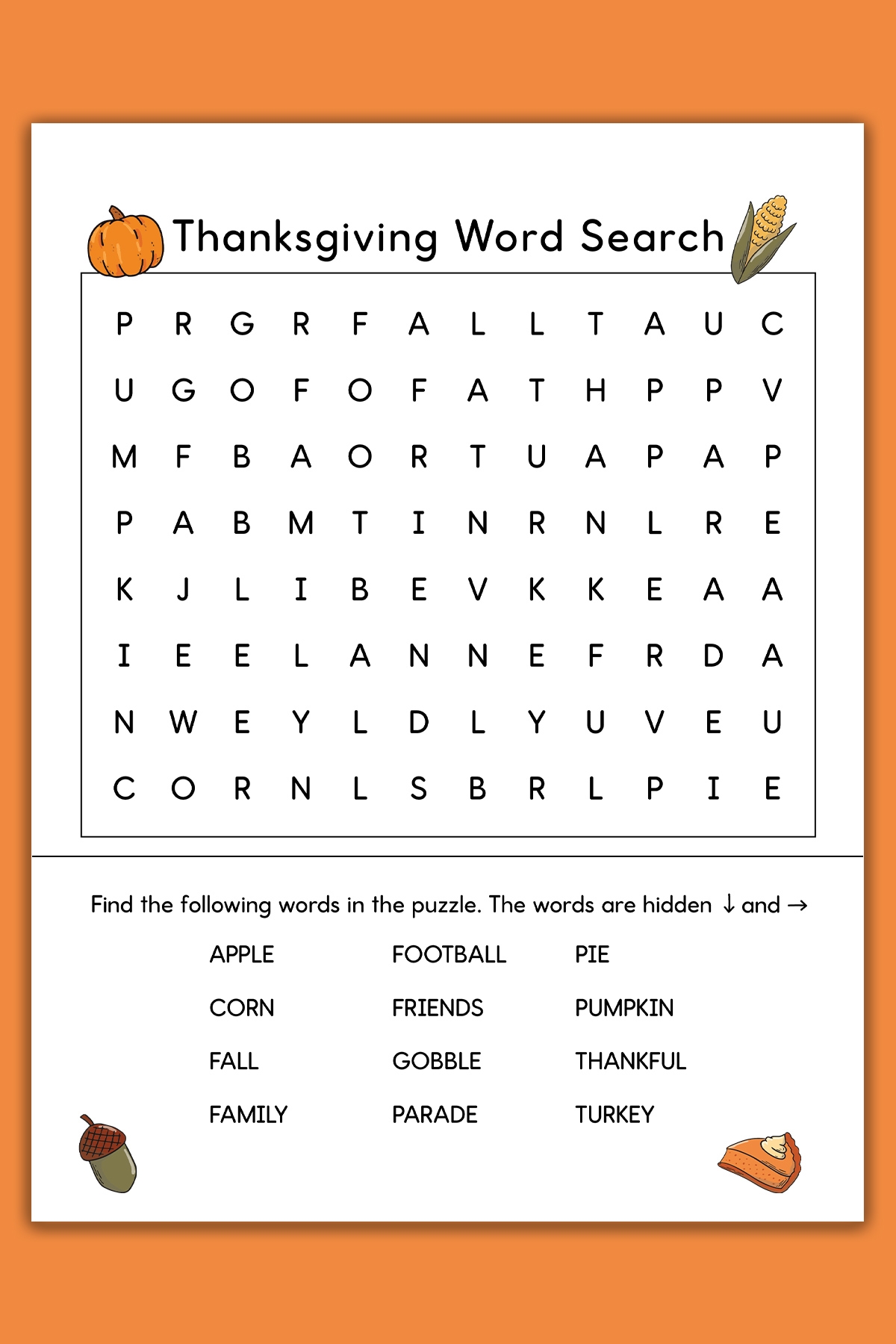 Thanksgiving Word Search First Grade Printable