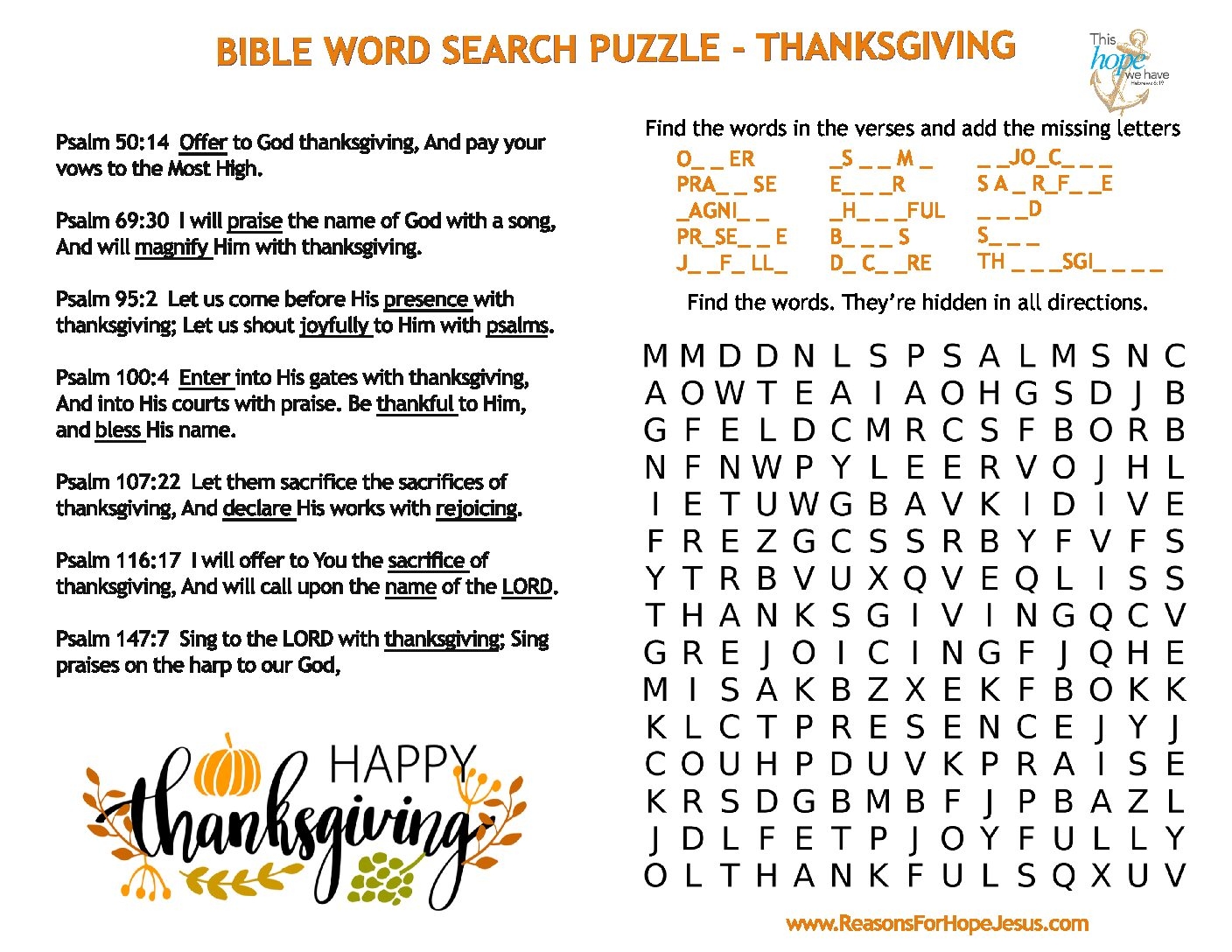 Thanksgiving Word Search Puzzle Reasons For Hope Jesus