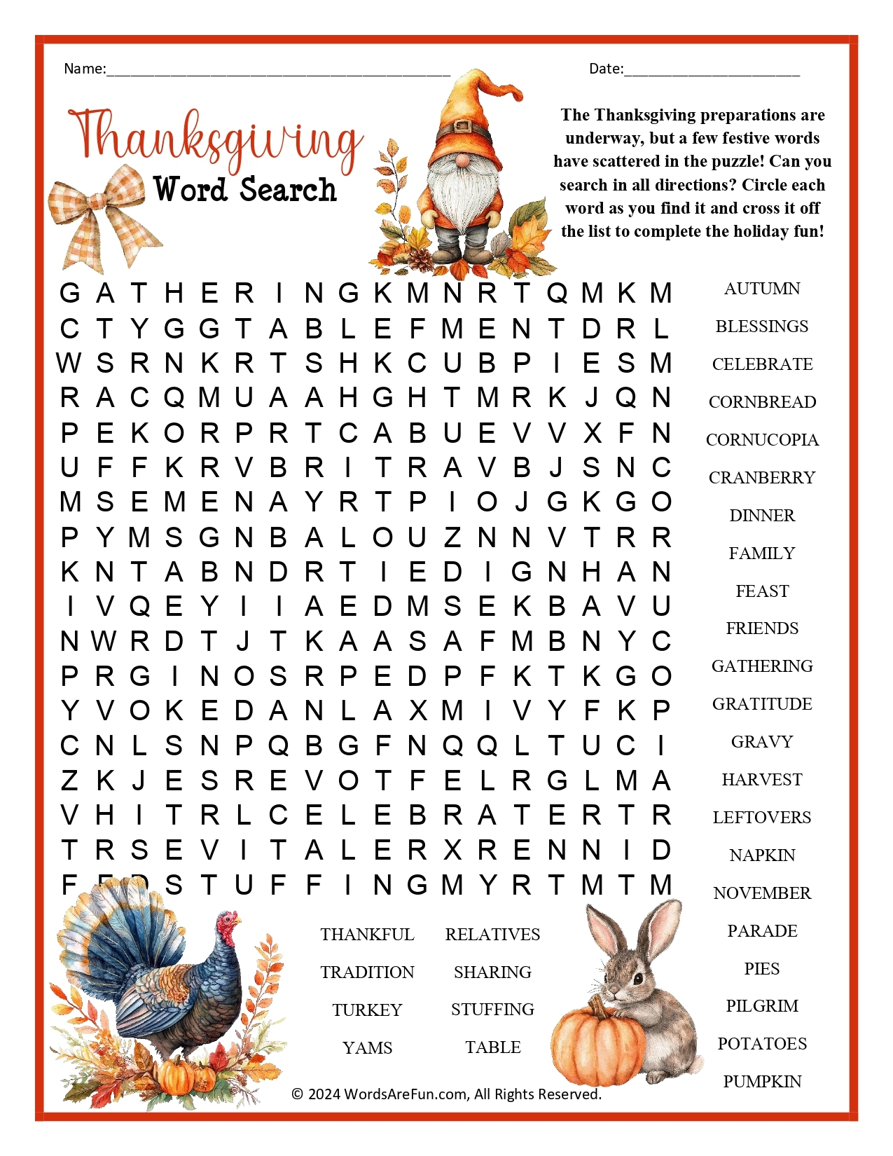 Printable Thanksgiving Word Searches Hard