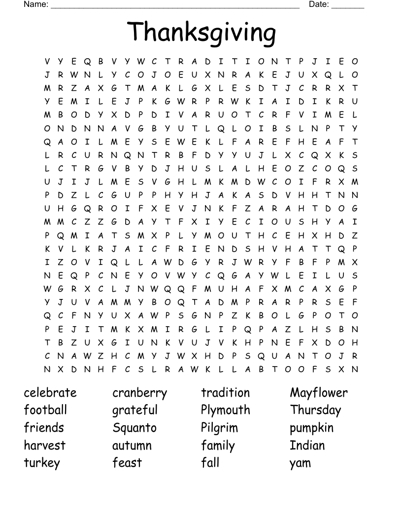 Thanksgiving Word Search WordMint